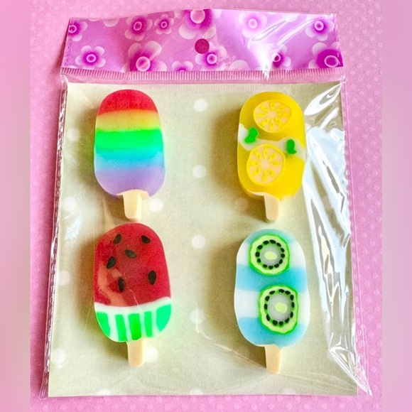 New Spring Summer Fun Lemon Watermelon Kiwi Fruit Popsicle Erasers Set of 4 - Picture 3 of 5